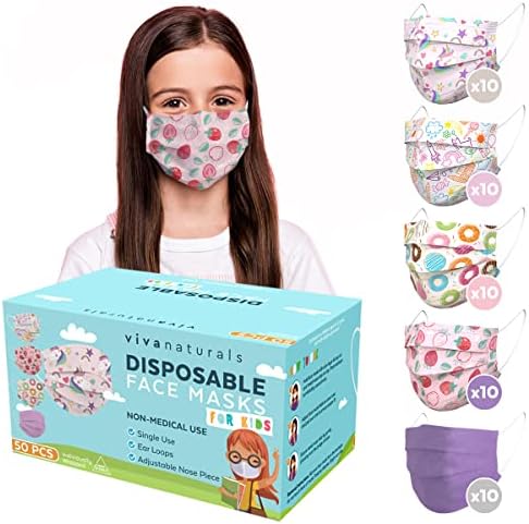 Kids Disposable Face Masks (50 Individually Wrapped Masks), Non-Medical Girls Face Masks Made With with Comfortable Earloops & Adjustable Metal Nose Strip, Premium 3-Ply Childrens Disposable Face Mask