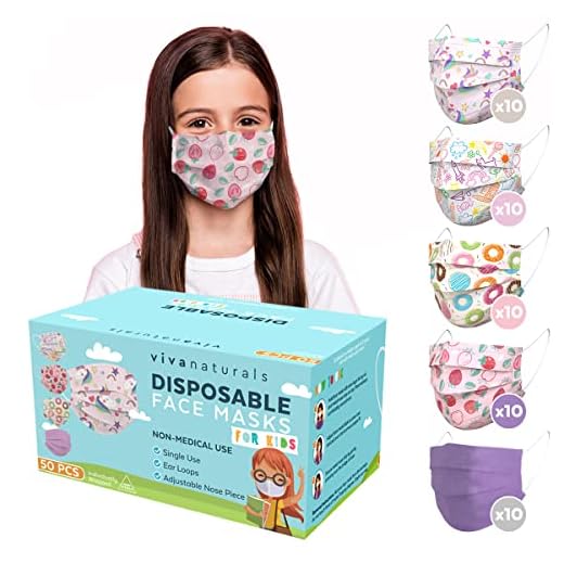 Girls Face Mask (50 Pack, Individually Wrapped) - 5 Face Mask for Girls Patterns (Unicorns, Castles, Strawberries, Doughnuts, Purple) - Premium 3-Ply Disposable Face Masks for girls