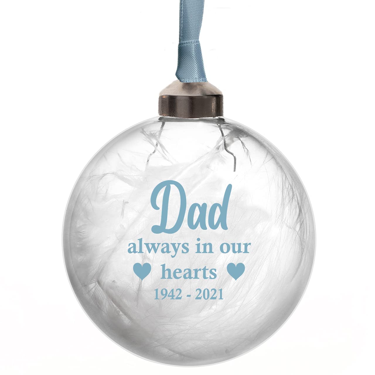 Always In Our Hearts Personalised Christmas Tree Memorial Decoration 8cm Glass Remembrance Bauble remember Any Name Mum Dad Nana Grandma Grandad Husband Wife In 11 Colours (Blue)