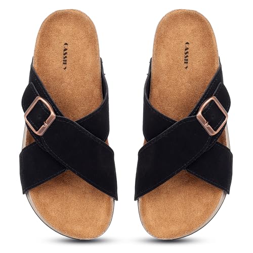 CASSIEY Women's Comfort and Adjustable Buckle Straps Premium Stylish Casual Flats Sandal- Black