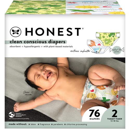 Image of The Honest Company Clean Conscious Diapers | Plant -Based, Sustainable | Spring '23 Limited Edition Prints | Club Box, Size 2 (12-18 lbs), 76 Count