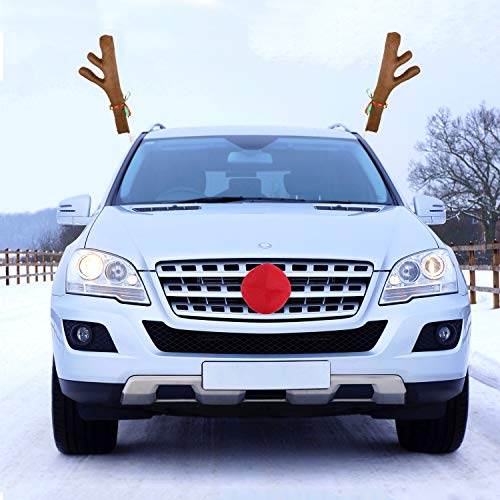 Poptrend Car Reindeer Antlers & Nose Decorations, Window Roof-Top & Front Grille Rudolf Reindeer Jingle Bell Christmas Costume Auto Accessories (Large, Brown+Red) #TOP1