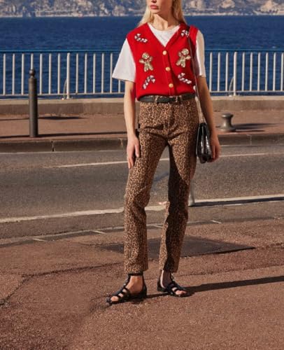 Image of Women Christmas Sweater Vests Santa Claus Print Sleeveless Knit Cardigan Vest Christmas Holiday Tank Top