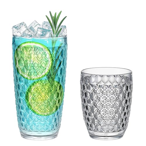 KLIFA- ASPEN- 12.7 & 17.6 oz, Set of 8, Acrylic Vintage Tumbler & Highball Drinking Glasses Set,
