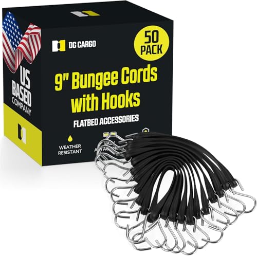 Pack of 50 Tarp Straps for Flatbed Trailers, 9" Long Natural Rubber Bungee Cord Tie-Downs Ideal for Securing Tarps, Canvases, Cargo in Cold Climates | Tie-Downs w/ Metal S-Hooks