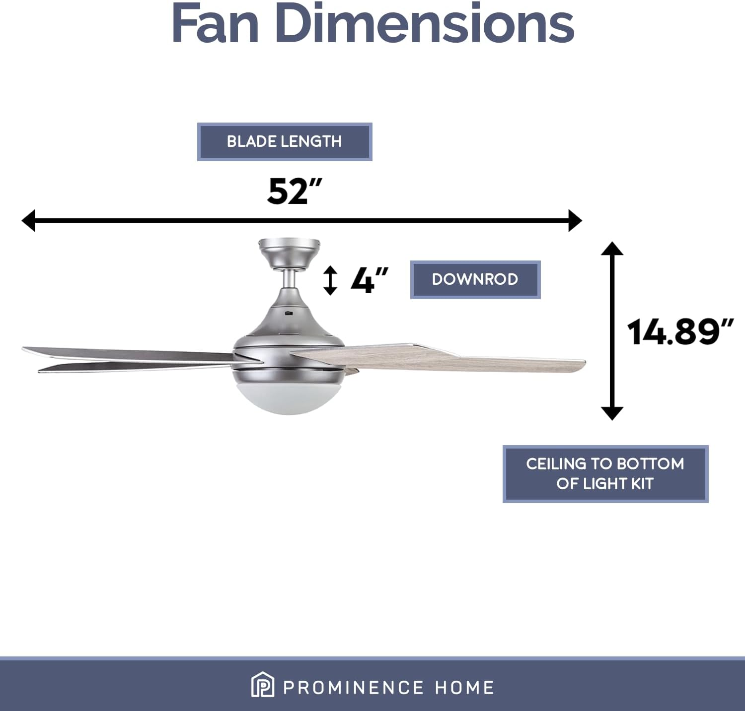 Prominence Home Ashby Modern 52 Inch Ceiling Fan with Light, LED Fan with Remote Control, Tri-Mount Indoor Fan with 5 Blades, Brown Oak and Light Oak Blade Finish Options, Sleek Chrome (80095-01)