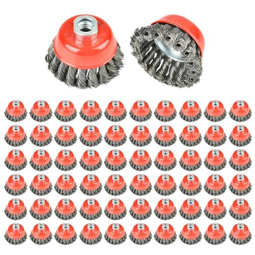 Image of 60 Piece 3 inch Wire Wheel Brush Cup Brush Twisted Knotted Cup Brush for Grinders,5 /8 inch-11 Threaded Arbor for Angle Grinder,Max RPM 12,500,0.020in Carbon Steel for Rust Removal,Abrasives