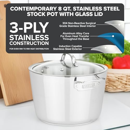 Viking Contemporary 3-Ply Stainless Steel Stock Pot, 8 Quart Soup Cooking Pot with Lid, Kitchen Cookware - Image 4