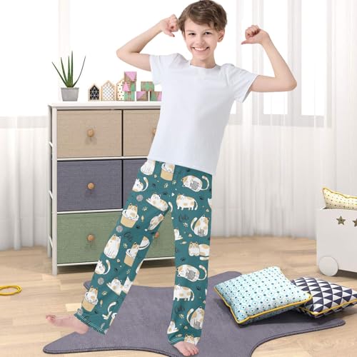 Boy's Pj Pants Kitty Cat Fishbone Woolen Ball Lounge Bottoms Elastic Waist Kids Joggers with Pockets Size 6-144