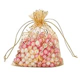 YUYTE Woreczek, Prezent z Organzy 100 szt. Złoty Woreczek ze Sznurkiem z Organzy 9 X 12 Cm Wielofunkcyjny Worek do Przechowywania Biżuterii na Prezenty na Wesela, Przyjęcia, Rękodzieło i Nie Tylko