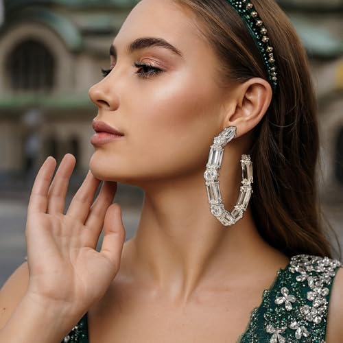 Silver Hoop Earrings for Women – Big Statement Rhinestone Hoops Sparkly Crystal Large Hoop Earring for Women Trendy Prom Wedding Jewelry Gifts4