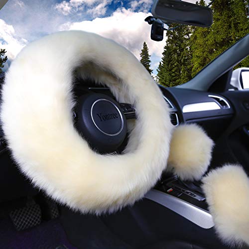 Yontree Winter Warm Faux Wool Handbrake Cover Gear Shift Cover Steering Wheel Cover 14.96"x 14.96" 1 Set 3 Pcs (Yellow)