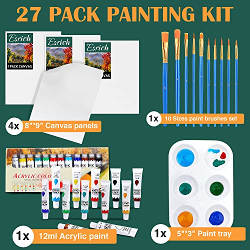 Acrylic Painting Set With 1 Packs / 10 Pcs Nylon Hair Brushes 12 Color Tubes (12Ml, 0.4 Oz) 1 Pcs Paint Plate And 4 Pcs Canvas For Acrylic Painting Artist Professional Kits #TOP1