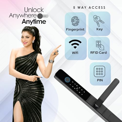 Image of LAVNA Digital Door Lock with Fingerprint, WiFi, Mobile app, PIN, Card and Manul Key Access for UPVC, Aluminium and Wooden Doors (Slim) (Black)