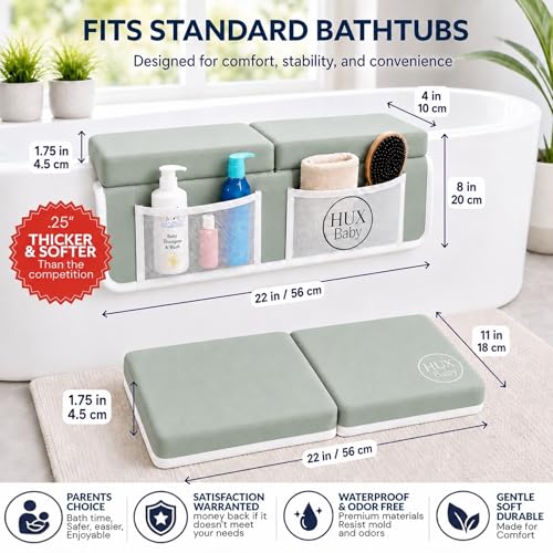 Image of Comfortable Baby Bath Kneeler and Elbow Rest Pad Set, Non-Slip Bathtub Kneeling Pad for Bathing Baby, Bath Tub Cushion Mat, Elbow Pads, Toy Organizer Storage Pockets, Strong Suction Cups (Green Gray)