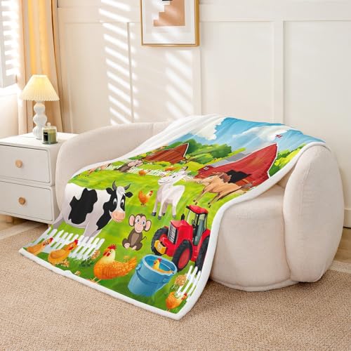 Image of Feelyou Kids Fleece Throw Cartoon Farmhouse Sherpa Blanket Cute Dog Cat Rabbit Cow Plush Country Style Fuzzy 50x60 Inches