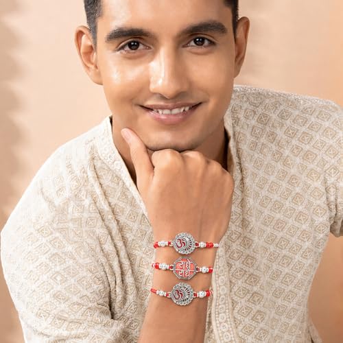 Image of Peora Rakhshabandhan Thread Rakhi for Brother Bhaiya | Crystals & Kundan Studded | Combo, Set of 3 | Rakhi Hamper with Roli Chawal & Greeting Card