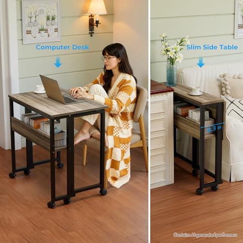 Image of GreenForest Folding Desk with Wheels, 24.8 Inch Compact Rolling Computer Table with Storage Shelf, Portable Mobile Workstation for Small Spaces, Easy Assembly,Grey Wash