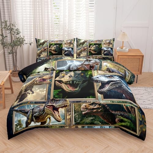 Image of Peopleareok Dinosaur Comforter Set Full (79x90 Inch), 3 Pieces 3D Dinosaur Bedding Set for Boys Teens, Super Soft Lightweight Dinosaurs Print Comforter Sets for All Seasons