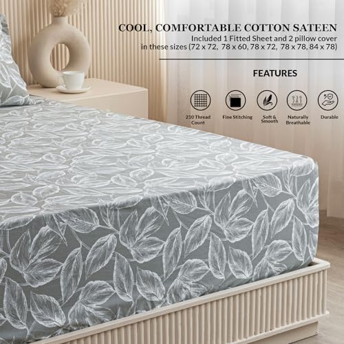 Image of HOMEMONDE Cotton Elastic Bedsheets Leaf Printed Noiseless Fitted Bed Sheets King Size 72 x 78 Inches with 2 Pillow Covers - Grey | Perfect for Home Decor & Gifting