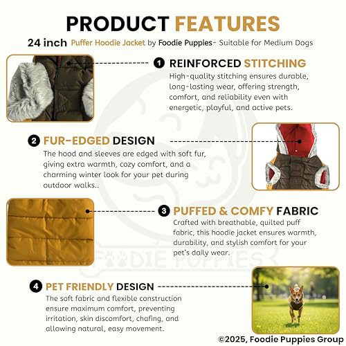 Image of Foodie Puppies Dog Puffer Hoodie Warm Winter Jacket - (Yellow Olive, 24 Inch) for Medium Sized Dogs | Ultra Warm Waterproof & Windproof Fur Coat | Washable Pet Vest Apparel for Cold Weather