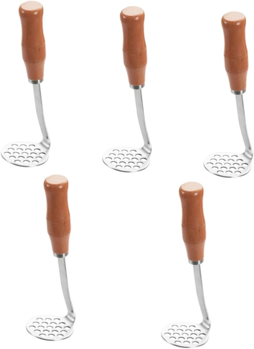 5pcs Stainless Steel Potato Masher with Wooden Handle Multi-functional Vegetable Crusher for Effortless Mashing of Potatoes Carrots and Pumpkins Easy to Clean Kitchen Tool