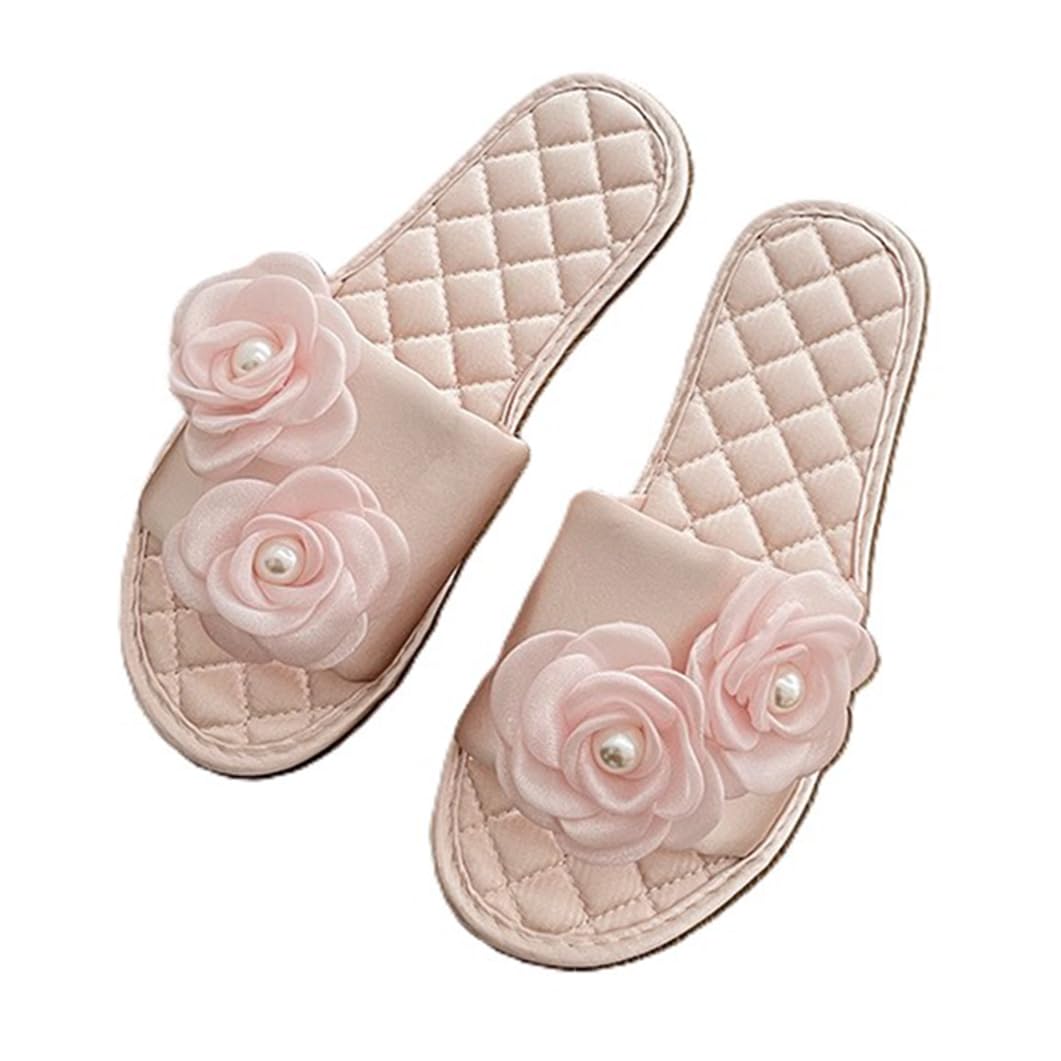 Damen Offene Zehen Flache Hausschuhe Aus Satin Schleife Elegant Strass Reines Farbband Pantoletten rutschfest Braut-Flips Handgenäht Heimflops(37/38 EU, Flowers)