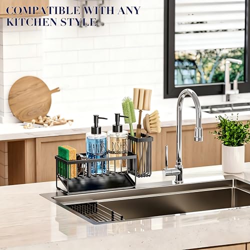 Image of MASADI Kitchen Sink Caddy with Dish Soap Dispenser Set, 12OZ Glass Bottle, Hand and Dish Soap Dispenser Set, Non-Slip Silicone Pad, Brush Holder, Kitchen Sink Organizer Countertop (Black+Clear)