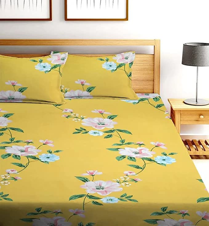 T Tungol Cotton Feel Glace Cotton Elastic Fitted Printed King Size Double Bed Bedsheet with 2 Pillow Cover (72x78x6) (King, Yellow)