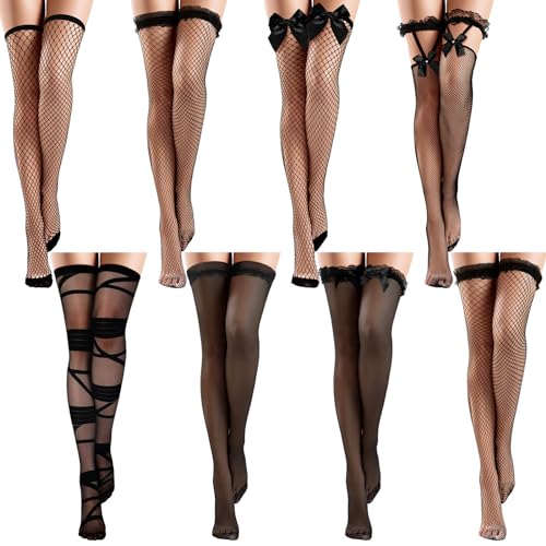 Chaussettes montantes en dentelle Geyoga au-dessus du genou en résille noir pour femme Lot de 8