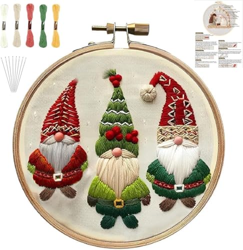 Image of YOUDRN Christmas Embroidery Kits,Gnomes Embroidery Kits for Adults,Christmas Embroidery Kit for Beginners with Pattern,Cotton Threads,Needles,Instruction,20cm Hoop (gnome)