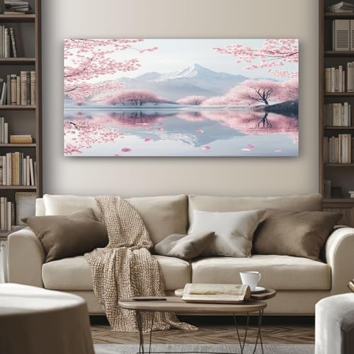 Grand Japonais Fleurs de Cerisier Tableau Decoration Murale Salon Paysage Montagne Impression sur Toile 70x140 cm Peinture sur Toile Sans Cadre pour Chambre...