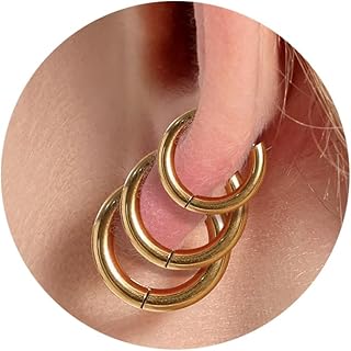 طقم حلقان حلقية صغيرة وسميكة مطلية بالذهب عيار 14 قيراط ومقاومة للماء، حلقان هاجي حريمي بوزن خفيف ولا تسبب أي حساسية، حلقان من الستانلس ستيل مطلية بالذهب والفضة للبنات