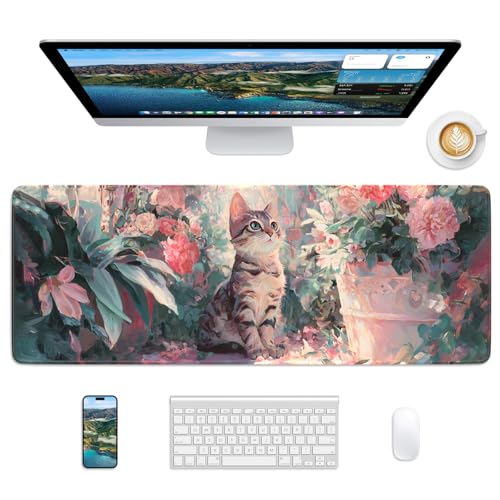 50% Off Pink Cat Large Mouse Pad with Stitched Edges & Non-Slip Base