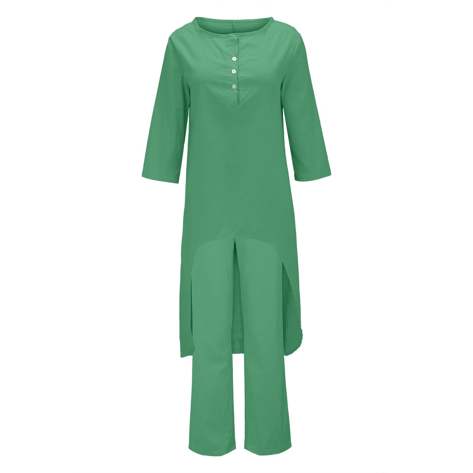 Combinaison d'intérieur pour femme - Grandes tailles - Couleur unie - En coton - Chemisier à col rond et pantalon large - Combinaison de loisirs légère et ample avec ourlet haut - Tenue longue de