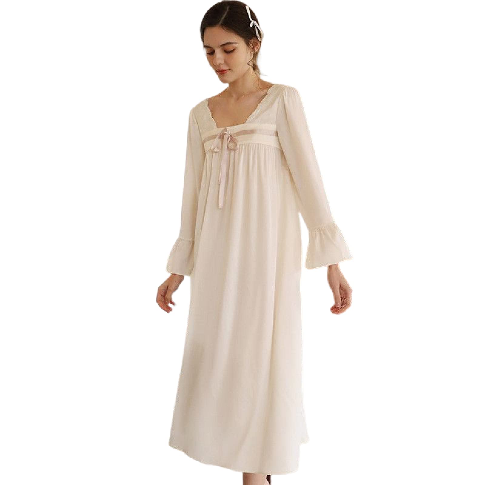 OFFSUM Camisón De Pijama De Mujer - Primavera Verano Cuello Cuadrado Satén Camisón Elegante Bowknot Dulce Vestido Estilo Chino Color Sólido Camisón Ropa
