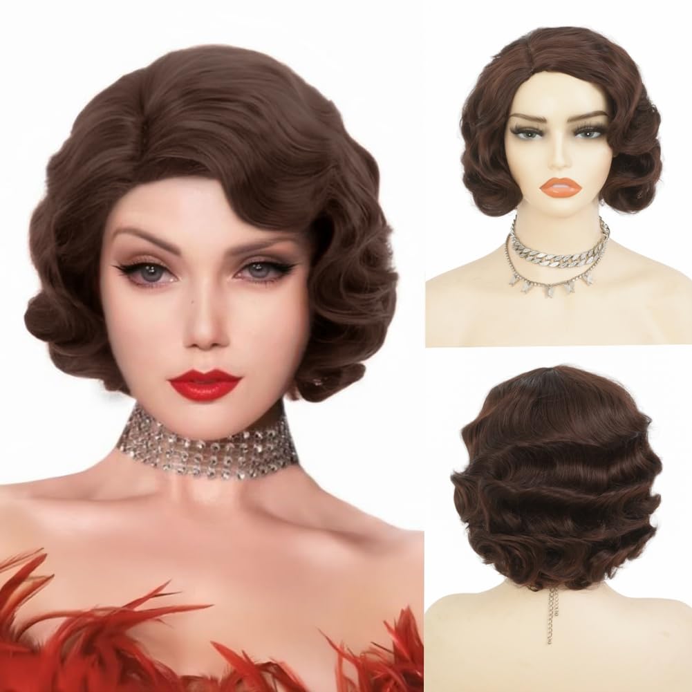 Salaibs Brown 1920s Wigs for Women Finger Wave Wig Vintage Wigs Lady Synthetic Fiber Wig for Halloween Cosplay Daily Use