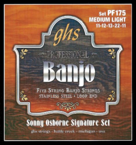 GHS Strings - 5-String Banjo Strings - Sonny Osbourne Signature Set - Stainless Steel - Medium Light Gauge - 011-022 - Model: PF175 SET