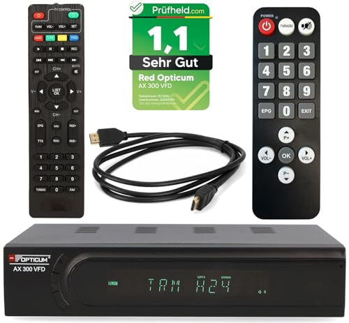 RED OPTICUM HD Sat Receiver AX 300 VFD Display PVR Ready - USB TV Aufnahme, HDMI, SCART, Coaxial - Digital TV Receiver für Satellitenschüssel/Satelliten/Satellit + netshop 25 HDMI Kabel