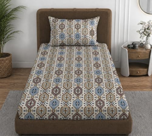 Image of VOMZER 310 TC Cotton Feel All Around Elastic Fitted Bedsheets Single Size, Premium Fitted Bedsheets Single Size for Single Bed with 1 Pillow Covers, Size- 72 inch x 36 inch (Desert Mosaic)