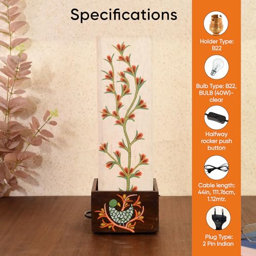 Image of AAKRITI ART CREATIONS Teak Wood Table Lamp for Study Room, Bedroom & Living Room Decoration | Madhubani Botanical Floral Vines Bedside Lamp with Cotton Fabric Shade | Aesthetic Night Lamp