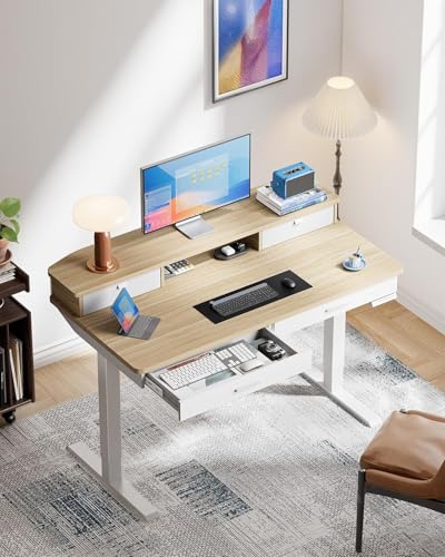 Image of HUANUO 55 x 30 inch Standing Desk with Wood Drawers,Electric Stand up Home Office Desk Adjustable Height with Two Tiers, Natural Ergonomic Stand up Desk with Monitor Stand