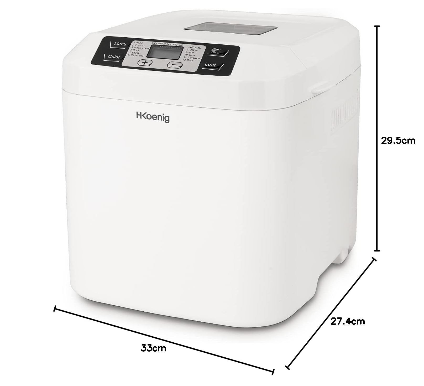 H.Koenig BAKE320 Brotbackautomat, 12 Programme, 2 Brotgrößen, glutenfreies Programm, Startzeitvorwahl und Warmhaltefunktion, LCD-Display, 550 Watt, Weiß