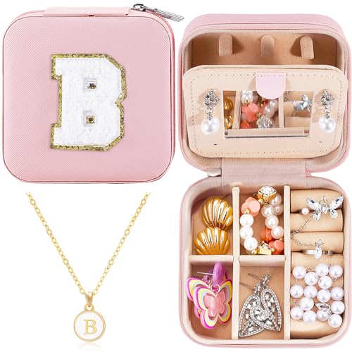 URSKYTOUS Travel Jewelry Case For Women Girls Teens Chenille Letter Patches Small Jewelry Box Mini Jewelry Holder Organizer for Travel Gifts Trendy Stuff Birthday Gift for Friend Mom Her(B)