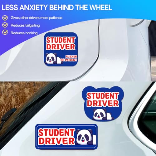 Image of Student Driver Please Be Patient Car Magnet, Blue Panda Cute Shape, Patient with Reflective Magnetic Bumper Sticker Set Detachable, Novice Safety Signs.Set of 3