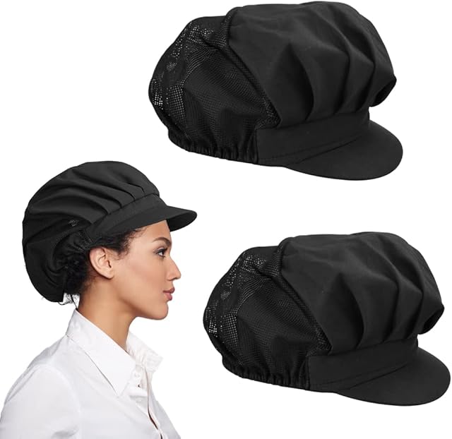CAEEKER Chef Hat, 2 PCS Catering Hats Adjustable Cooking Cap Unisex Mob Cap Food Service Caps Breathable Baker Waiter Cap with Elastic Closure, Half Mesh for Men Women Kitchen Restaurant- Black