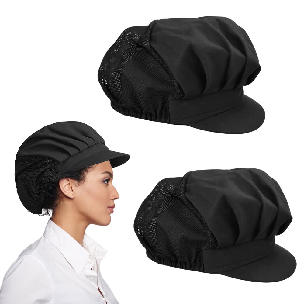 CAEEKER Chef Hat, 2 PCS Catering Hats Adjustable Cooking Cap Unisex Mob Cap Food Service Caps Breathable Baker Waiter Cap with Elastic Closure, Half Mesh for Men Women Kitchen Restaurant