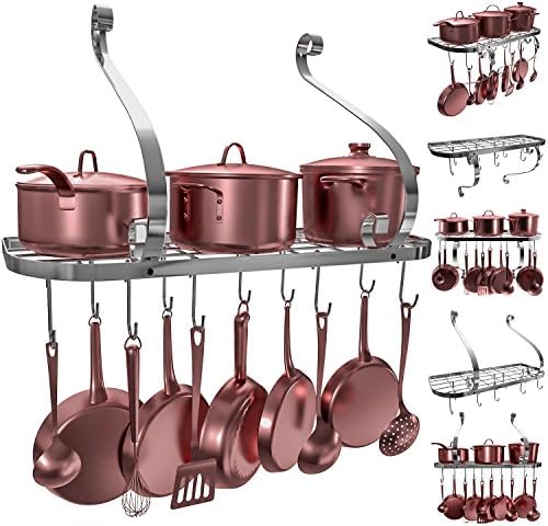 Vdomus Hanging Pot Rack Organizer, Wall Mounted Kitchen Pan Organizer Pots and Pan Storage with 10 Hooks, Kitchen cookware Storage Organizer, 24 by 10-inch (Sliver)