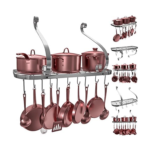 Vdomus Hanging Pot Rack Organizer, Wall Mounted Kitchen Pan Organizer Pots and Pan Storage with 10 hooks, Kitchen cookware Storage Organizer, 24 by 10-inch (sliver)