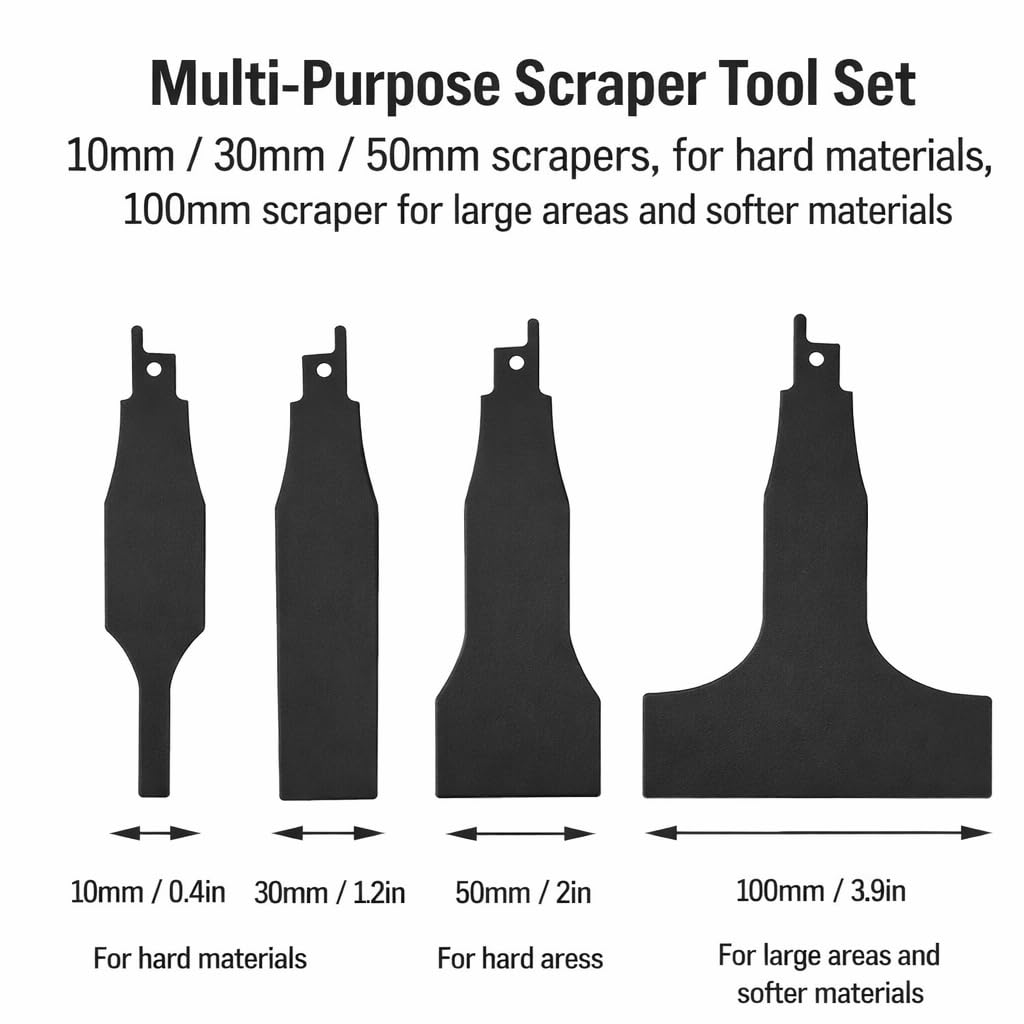 Tile Grout Cleaner Scraper Blades for Reciprocating Saw, 4 Pack High-Carbon Steel Black Blades 10mm 30mm 50mm 100mm for Adhesive and Grout Removal Surface Cleaning Tool